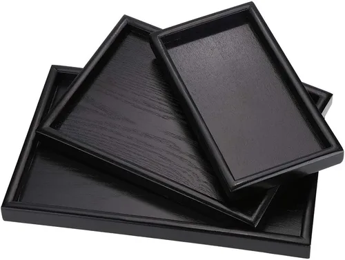 Vista 9 de Bandeja de madera, bandeja rectangular de madera maciza para servir, moderna, elegante, para té, café, aperitivos, comidas, plato con bordes