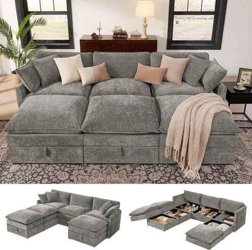Vista 26 de Ihanherry Sofá modular de 103 pulgadas con almacenamiento, sofá de nube en forma de U con otomanas móviles y 4 almohadas, sofás seccionales