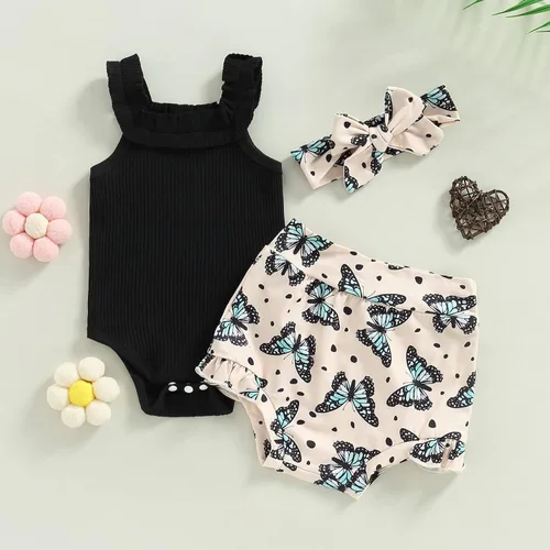 Vista 155 de TheFound Trajes de verano para niñas pequeñas, sin mangas, de punto acanalado, halter, pantalones cortos, ropa para recién nacidos, conjunto de 3