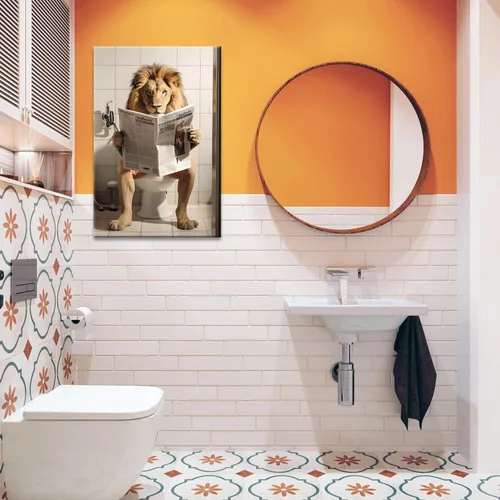 Vista 19 de GLOKAKA Lienzo decorativo para baño, diseño divertido de alpaca sentado en el inodoro, leyendo periódico, arte de pared, humor, granja, animal, arte