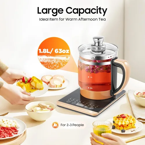 Vista 4 de Hervidor de té eléctrico con control de temperatura e infusor de té, 12 modos de preparación, hervidor de agua caliente de vidrio borosilicato