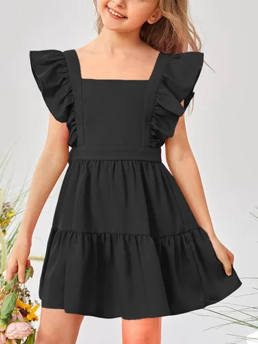 Vista 2 de Imily Bela Vestido de verano con cuello cuadrado para niñas, manga con volantes, acampanado, casual, para fiesta, mini vestidos de 5 a 14 años