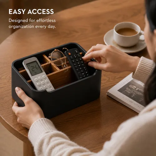 Vista 4 de Organizador de escritorio elegante y soporte para mando a distancia en negro - Mantén tu espacio de trabajo ordenado y organizado, almacenamiento