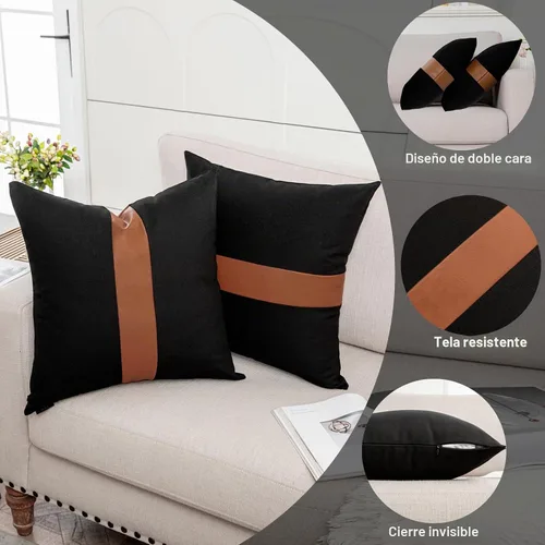 Vista 3 de Juego de 2 fundas de almohada negras y marrones de 18 x 18 pulgadas, fundas de almohadas modernas con rayas estilo granja para sofá, sala de estar
