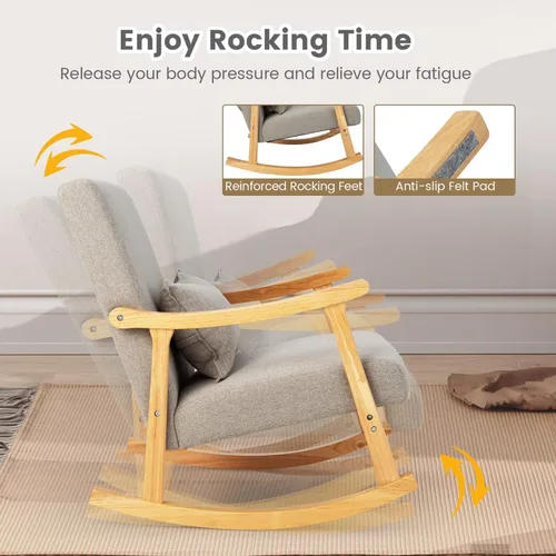 Vista 5 de Giantex Mecedora tapizada – Moderna mecedora con marco de madera de goma, cómodo respaldo y asiento, almohada acolchada de polipropileno, mecedora