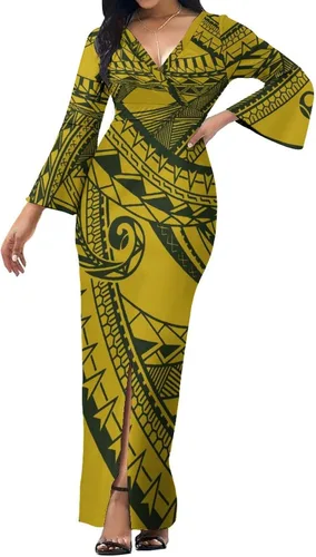 Vista 4 de Polinesio vestido personalizado con cuello en V verano fresco manga larga elegante temperamento y piso vestido de diseño de arte retro