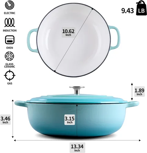 Vista 6 de EDGING CASTING Horno holandés de hierro fundido esmaltado con cazuela poco profunda con doble asa, 3.8 cuartos de galón, azul pavo real