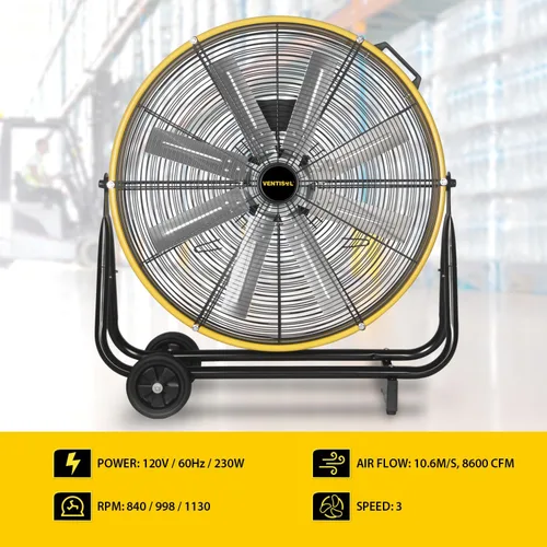 Vista 7 de VENTISOL Ventilador de tambor industrial de alta velocidad de 24 pulgadas, ventiladores de metal resistente, 8 cuchillas, 3 velocidades, 8600 CFM