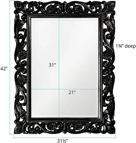 Vista 4 de Howard Elliott Chateau Rectangular Hanging Wall Mirror, Scroll Work Frame, Black, 31.5 x 42 Inch