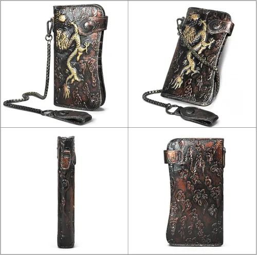 Vista 2 de Handadsume Genuino caballo loco cuero viaje regalo moneda bolsillo tarjeta caso largo organizador cadena Rfid monedero con broche para hombres