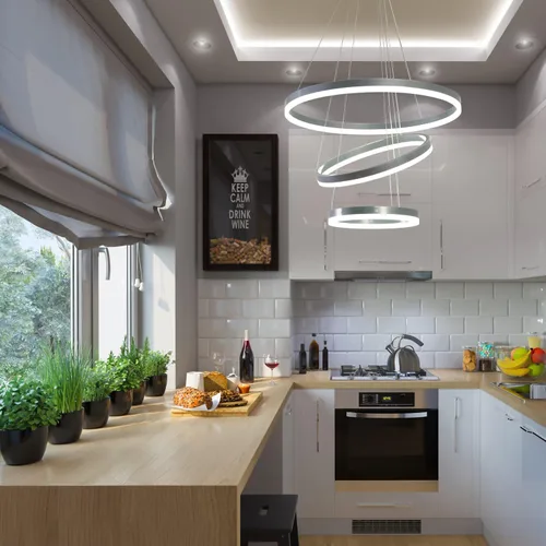 Vista 7 de Lámpara colgante LED plateada, lámpara de araña moderna regulable de 3 anillos con control remoto para comedor de techo alto