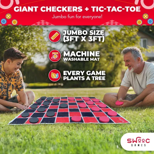 Vista 2 de Swooc Games® - Juego Vintage Gigante de Damas y Tres en Raya 2 en 1 con Tapete (3 pies x 3 pies) - Lona 100% Lavable a Máquina - Juegos Gigantes al