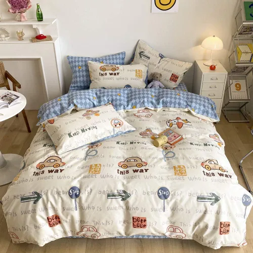 Vista 7 de BlueBlue Cars - Juego de funda de edredón de 100 % algodón, ropa de cama de transporte para automóvil, avión, camión sobre blanco crema, 1 funda