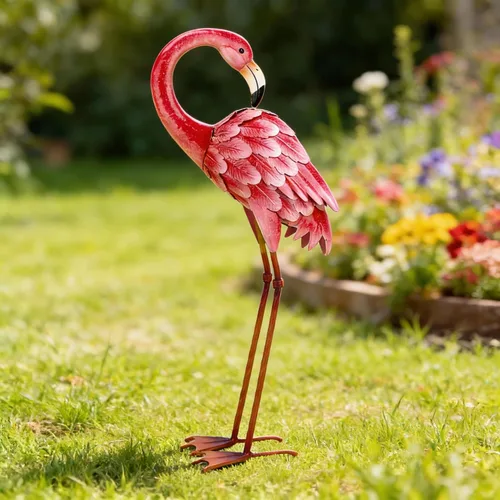 Vista 2 de Shorayn Estatuas de jardín, esculturas de flamenco, arte de metal para patio, arte de pájaro rosa, decoración de patio trasero al aire libre, patio