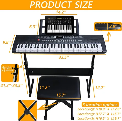 Vista 10 de Piano de teclado de 61 teclas para principiantes con teclas iluminadas y modos de enseñanza profesional, incluye soporte, banco, micrófono, soporte