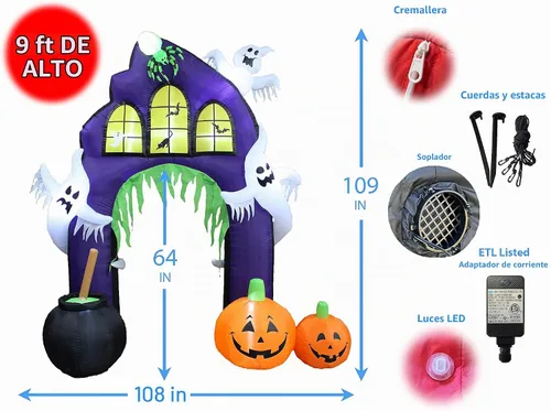 Vista 3 de Arco de castillo inflable de Halloween de 9 pies de alto Caldero de fantasmas de araña, calabazas y luces LED, para interiores y exteriores