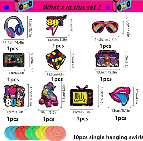 Vista 3 de 20 espirales colgantes para fiestas de cumpleaños de los años 80 y 90, decoraciones coloridas para fiestas (años 80)