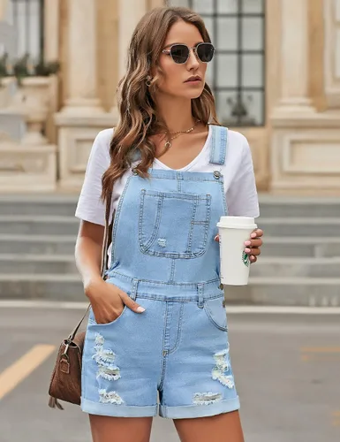 Vista 5 de GRAPENT Pantalones cortos de mezclilla rasgados con tirantes ajustables para mujer
