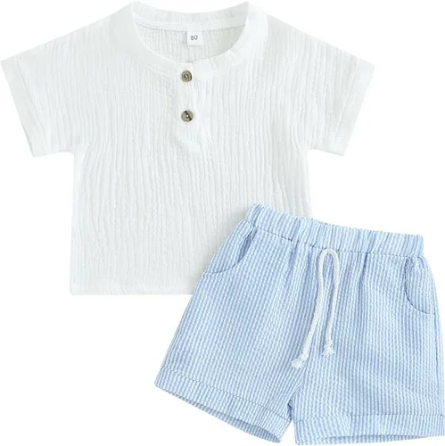 Vista 22 de fhutpw Conjunto de 2 piezas de ropa de verano para bebés, camiseta de manga corta, cintura elástica, pantalones cortos para niños pequeños