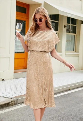 Vista 2 de JASAMBAC Vestido de lentejuelas para mujer, cuello redondo, manga corta, con purpurina brillante, con abertura, cintura elástica, vestido de cóctel