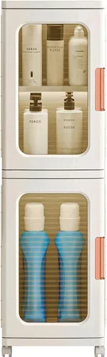 Vista 7 de CXCJAI Armario estrecho con puertas y estantes, organizador de cocina alto y delgado con estante ajustable, armario de papel higiénico de lino de 2