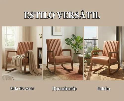 Vista 6 de CIMOTA Mecedora moderna de cuero de mediados de siglo, silla tapizada con brazo con asiento acolchado, marco de madera, cómoda mecedora para sala