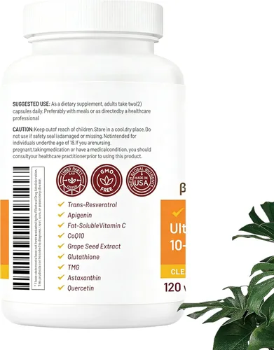 Vista 6 de NMN 1000 mg por porción, último apoyo 10 en 1 NAD+ con trans-resveratrol, apigenina, CoQ10, vitamina C, 120 cápsulas vegetarianas