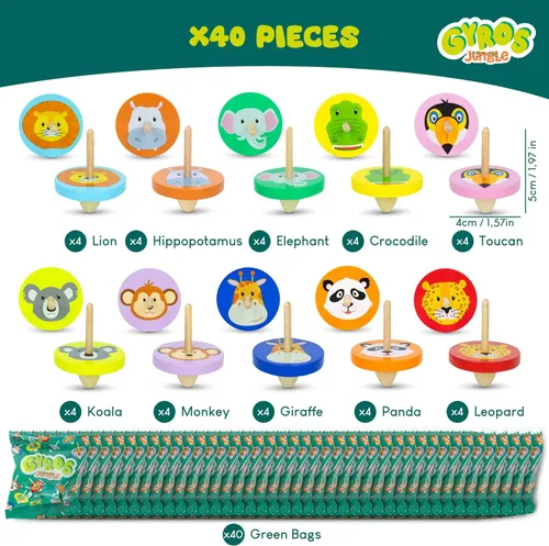 Vista 3 de BONNYCO Paquete de 40 unidades de peonzas de madera, peonzas para fiestas infantiles de la selva. Peonzas para bolsas de regalo para niños de 3-5