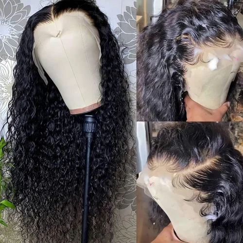 Vista 2 de Pelucas de pelo rizado para mujeres afroamericanas. Pelucas de encaje frontal con pelo de bebé. Peluca sintética ondulada, resistente al calor Negro