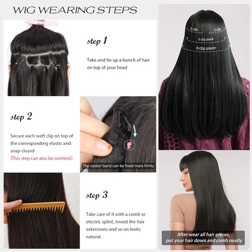 Vista 7 de Extensiones de cabello liso negro natural, extensiones de cabello con clip, extensiones de cabello suave para mujer, 20 pulgadas, extensiones de 2#