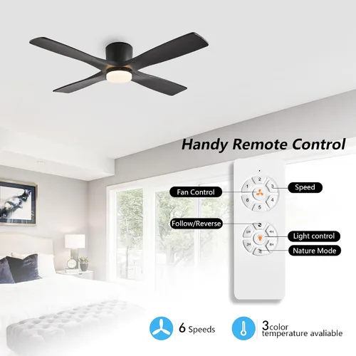 Vista 2 de WINGBO - Ventilador de techo de montaje empotrado de 48 pulgadas con DC, luces y control remoto, 4 aspas talladas reversibles de madera, motor DC