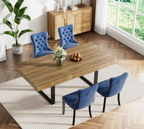 Vista 20 de Juego de mesa de comedor extensible marrón de 63 a 78.74 pulgadas para 4, juego de mesa de comedor de 5 piezas con 4 sillas tapizadas, mesa