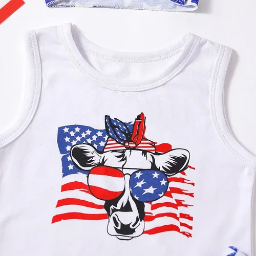 Vista 2 de Traje de verano para niñas, para el 4 de julio, para bebé, Día de la Independencia, estampado de cabeza de vaca (blanco, 18-24 meses)