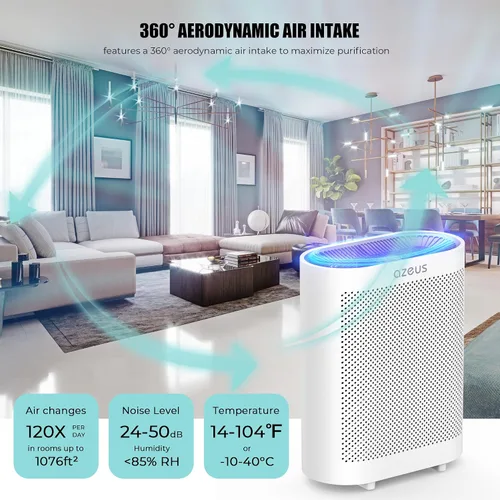 Vista 3 de AZEUS Purificador de aire True HEPA para habitaciones grandes, filtro 5 en 1, atrapa partículas de hasta 0.3 micrones, ventilador centrífugo de alta