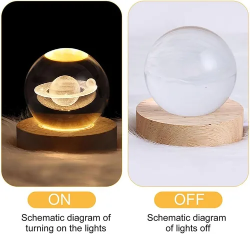 Vista 8 de Luz nocturna LED de bola de cristal, sistema de la Vía Láctea, lámpara de noche de cristal grabada en 3D con base de madera, carga USB