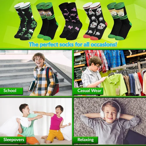 Vista 6 de Minecraft Calcetines para niños, paquete de 3 o 5 unidades, calcetines de tobillo para niños, ricos en algodón, para uso diario, escuela, deportes
