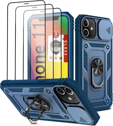 Vista 11 de Funda para iPhone 11, funda para iPhone 11 con 3 protectores de pantalla de vidrio templado, soporte de anillo integrado + cubierta de cámara