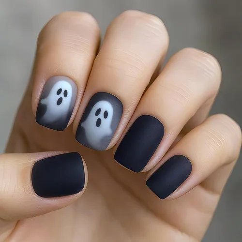 Vista 11 de 24 uñas postizas cuadradas a presión de longitud media para Halloween con diseño de telaraña, bonitos globos oculares, uñas postizas con pegamento