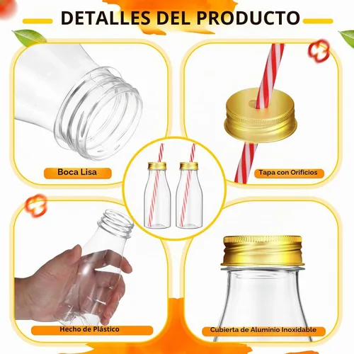 Vista 3 de Irenare 40 juegos de botellas de leche pequeñas de plástico con popotes y tapas de metal, botella de plástico transparente para leche láctea, Dorado