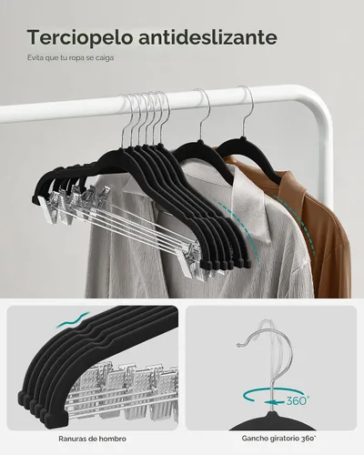 Vista 5 de SONGMICS Paquete de 20 perchas para pantalones, perchas de terciopelo de 16.7 pulgadas de largo con clips ajustables, perchas resistentes