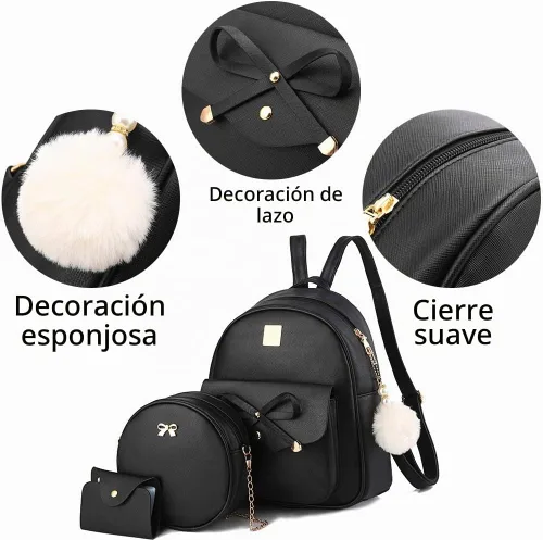 Vista 4 de I IHAYNER Mochila de cuero de moda de 3 piezas con lazo para niñas, mochila, bolso para mujer, mochila para damas, bolsa de hombro Beige