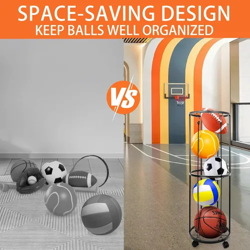 Vista 4 de Garage Ball Storage Rack, Wall-Mounted Basketball Holder, Vertical Ball Rack for Soccer Volleyball Football Basketball, Space-Saving Sports Ball