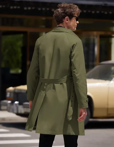 Vista 4 de COOFANDY Gabardina ajustada para hombre, con doble botonadura y cuello de solapa con cinturón