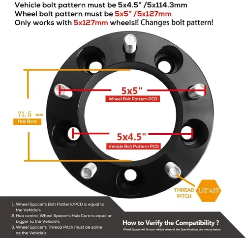 Vista 2 de 5 adaptadores de rueda de 5 x 4.5 a 5 x 5 para ruedas Je/ep Jk Wk Wj Xk en Tj Yj Kk Xj Mj Kj Zj, dynofit 0.197x4.500 in a 0.197x5.000 in 1.25