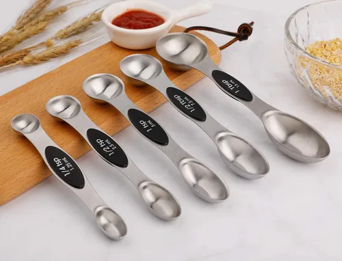 Vista 6 de Juego de 6 cucharas medidoras magnéticas de acero inoxidable apilables de doble cara y cucharada para medir ingredientes secos y líquidos