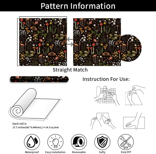 Vista 7 de Papel de contacto Boho negro de despegar y pegar con diseño de setas/caracoles/flores silvestres/mariposas, papel pintado extraíble decorativo