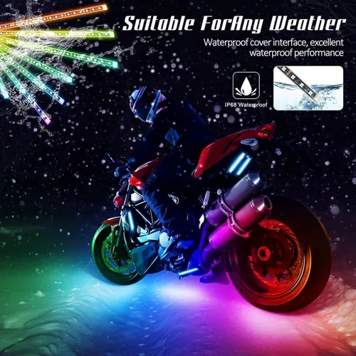 Vista 5 de 4 piezas de kits de luz LED para motocicleta, tiras de luz LED impermeables multicolor con control de aplicación, luces LED RGB sincronizadas