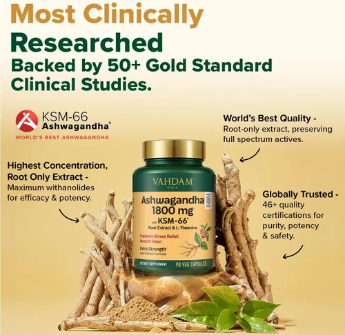 Vista 8 de VAHDAM Suplemento de Ashwagandha 1800 mg con extracto de raíz de Ashwagandha y L-Teanina Apoyo para el alivio del estrés, el estado de ánimo