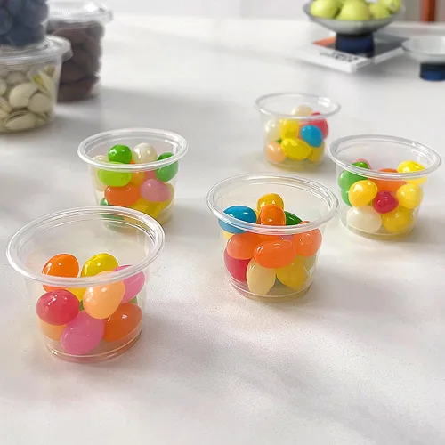 Vista 6 de 240 tazas pequeñas de plástico transparente para condimentos con tapas, recipientes de porciones de 1 oz, ideales para condimentos, aderezos