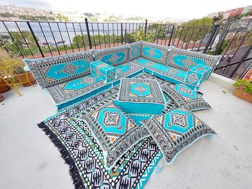 Vista 3 de arabicsofa Light Blue L Shaped Moroccan Majlis Seating – Arabic Sectional Floor Sofa Set – Modular Corner Sofa Set